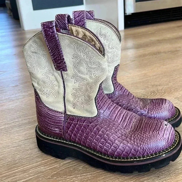 VTG. Ariat Fatbaby PURPLE /BONE CROCODILE PRINT Leather Mid Calf Boots Size 6.5 - Picture 3 of 16